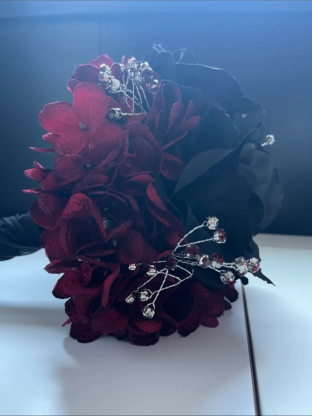 Black & Deep Red Floal Bouquet with Crystal Accents